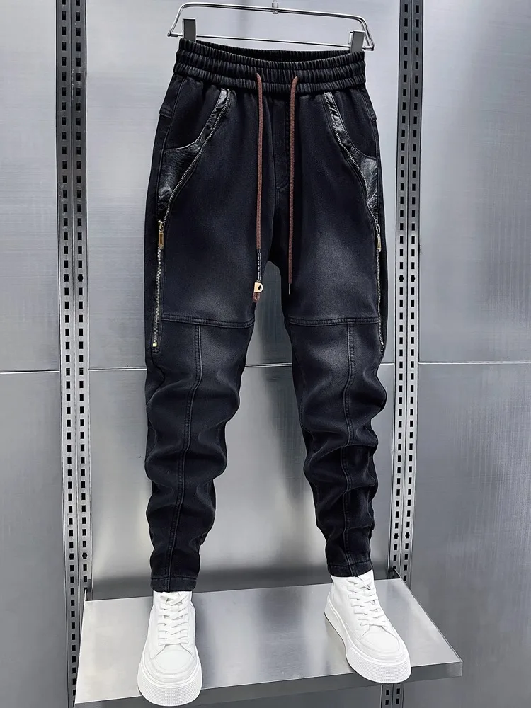 Retro Striped Splicing Denim Jeans Black Casual Pants Cool Harajuku Cuffed Trousers korean Trendy Brand Loose Harlan Trousers ﻿
