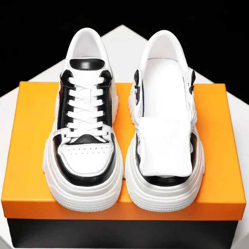 Genuine Leather Platform Sneakers Women Thick-Sole Hidden Heel Casual Shoes Lace-Up Chunky Elevator Shoes