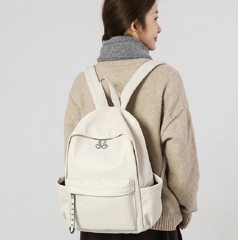 2026 New Korean Soft Leather Preppy Style School Bag High Capacity Notebook Backpack Men Women's Travel Shoulder Bags Totes