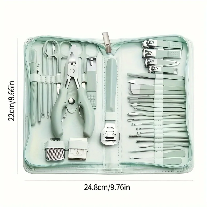 Ensemble de manucure vert printemps avec étui portable, coupe-ongles, coupe-ongles, coupe-ongles, pédicure, fréquence, pinces pour la peau, outils, 12-22 pièces