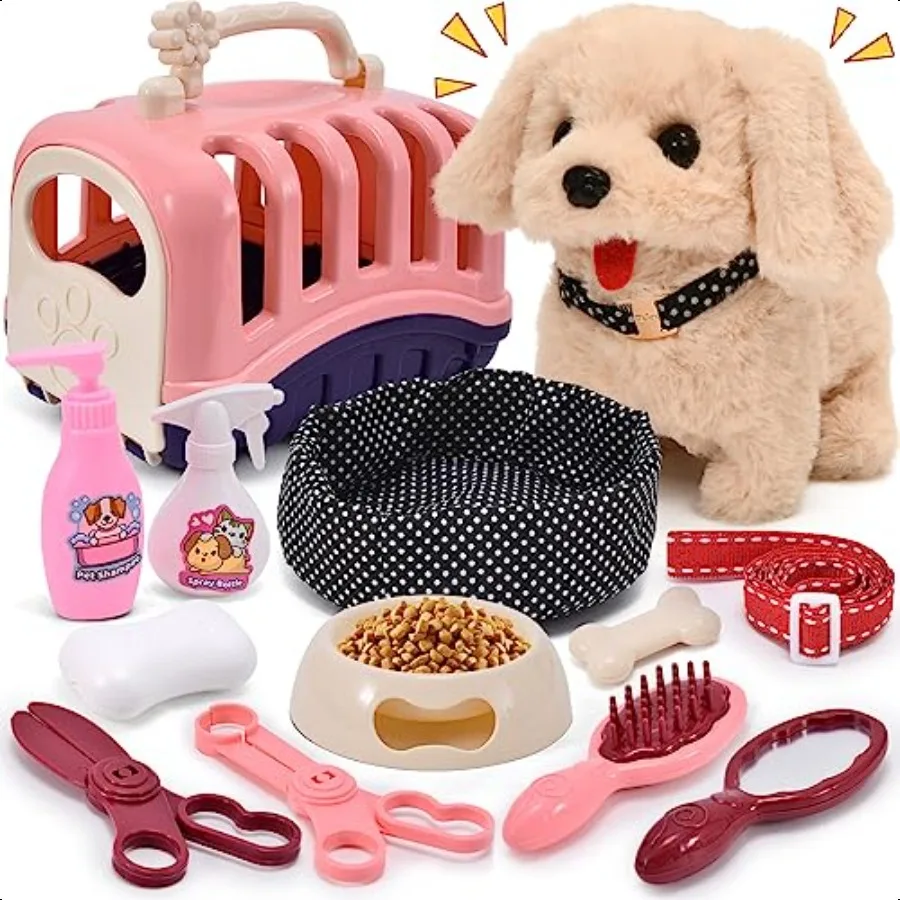 

G.C 13Pcs Dog Toys for Girls Walking Barking Electronic Interactive Stuffed Dog Plush with Carrier Accories Toys Pretend Play P