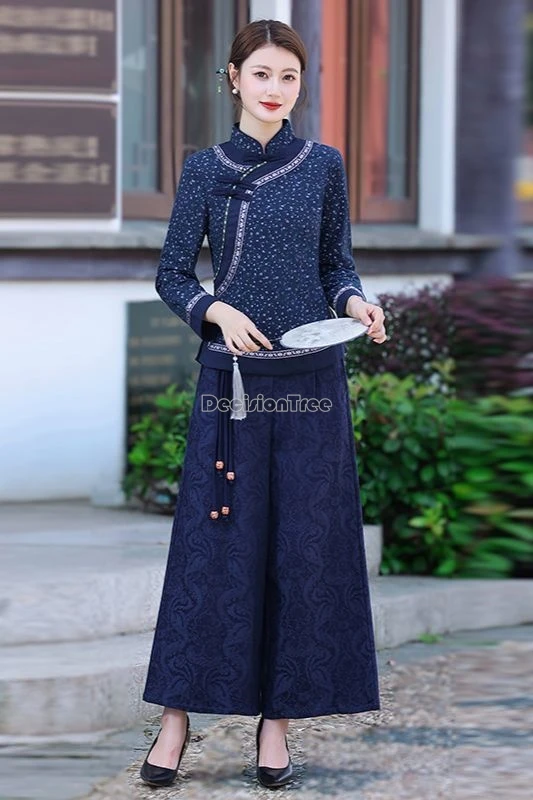 

2025 chinese national style printed patchwork design cotton and linen two-piece set cheongsam coat wide-leg pants tang suit set