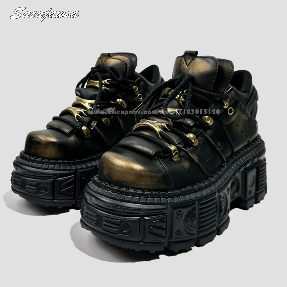 Retro Punk Style Thick-Sole Front Lace Up Motorcycle Boots Size 34-40 Cool Girl Height Increasing Shoes Solid Casual Lady Boots