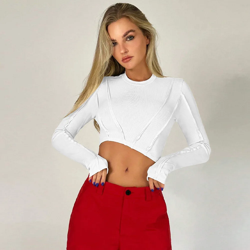 New Autumn Winter Women Irregular Round Neck Crop Top Sexy Long Sleeve T Shirt Fashion Streetwear