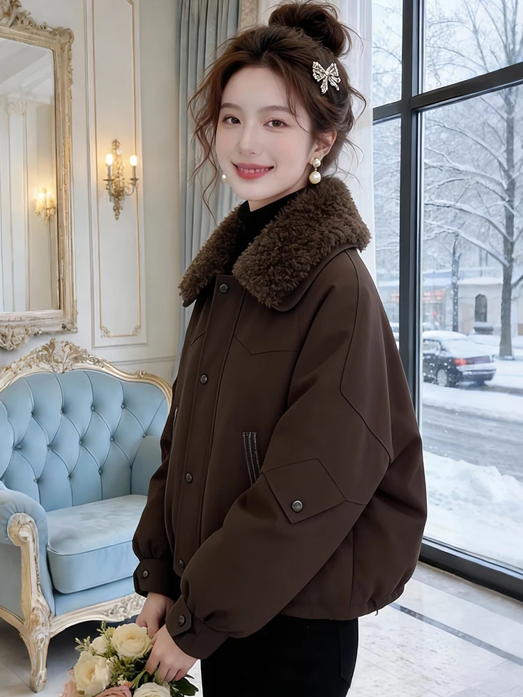 

Зимняя утепленная теплая короткая пуховая куртка из хлопка для женщин, свободного кроя, в корейском стиле, однотонная, на молнии, для повседневной носки