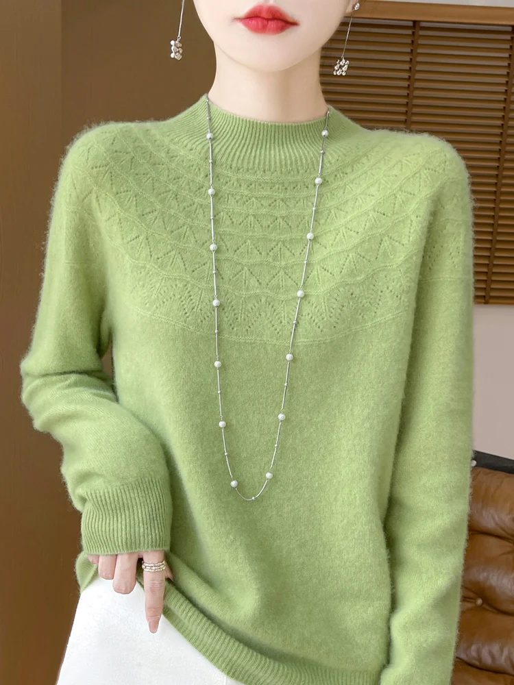 

Женский мягкий теплый пуловер с длинными рукавами, осень-зима, свитер с воротником-стойкой, классический простой вязаный свитер из 100% мериносовой шерсти, топы