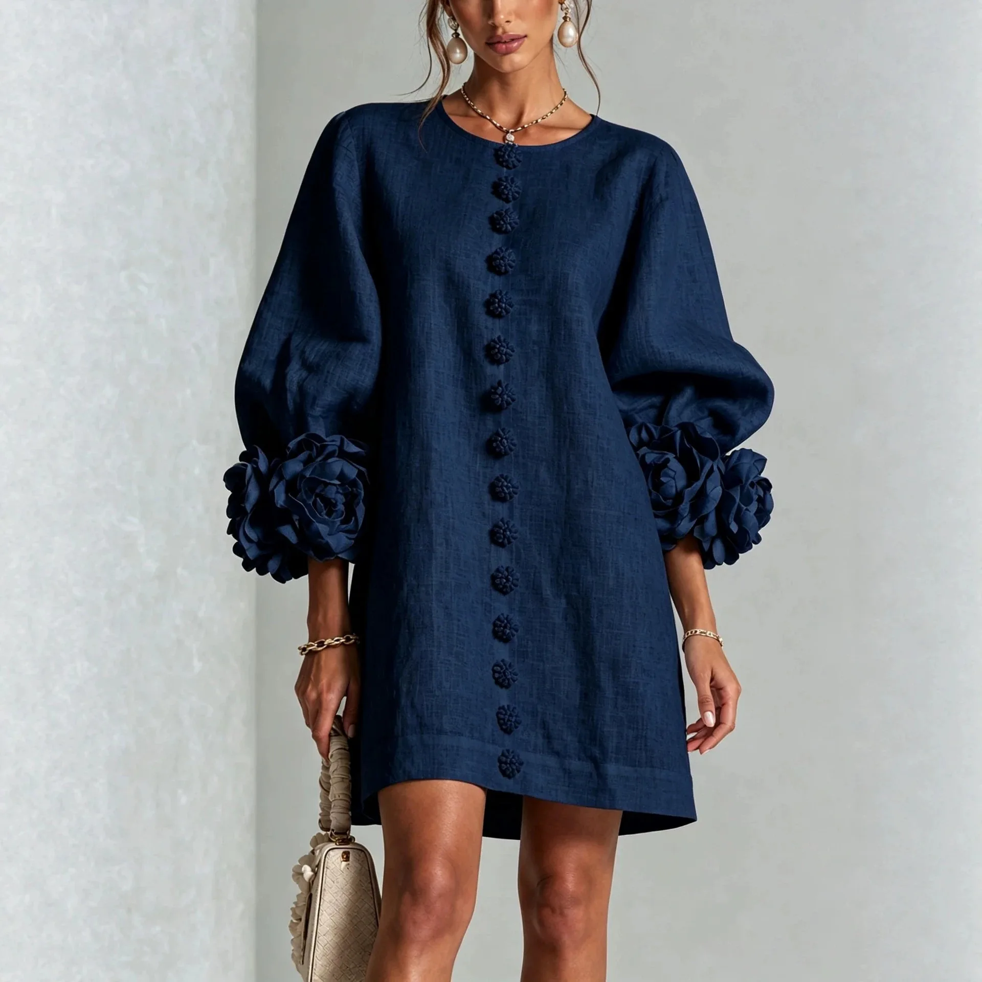 Women Linen Mini Dress O Neck Puff Long Sleeve 3D Flower Cuff Decor Flower Button Loose Casual Short Dresses for Party Vacation