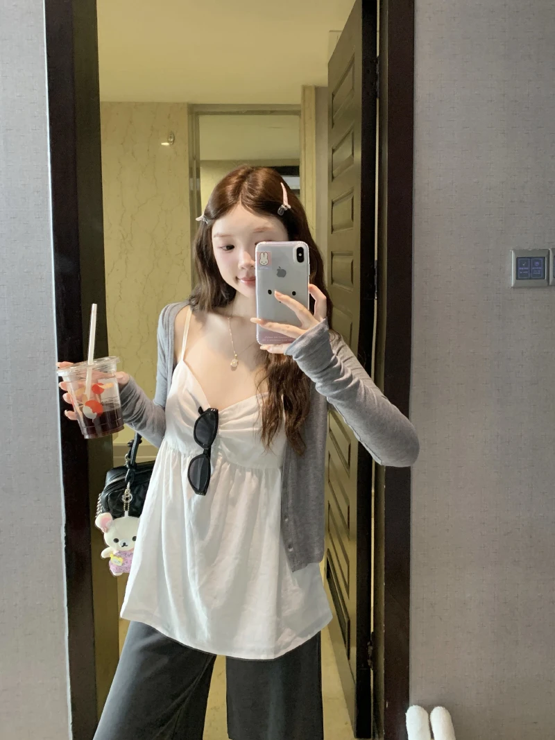 

Soft Knitted Long Sleeve White Vest Women's Summer Single Button Loose Knit Cardigan Two-Piece Set Age-Defying Casual Fashion
