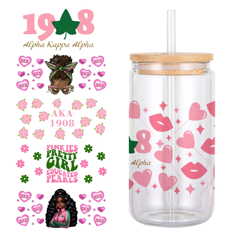 Alpha Kappa Alpha AKA Sorority 11*24cm UV DTF Wrap Sticker DIY For 16oz Libbey Glass Cup Waterproof Decals Coffee Cup Sticker