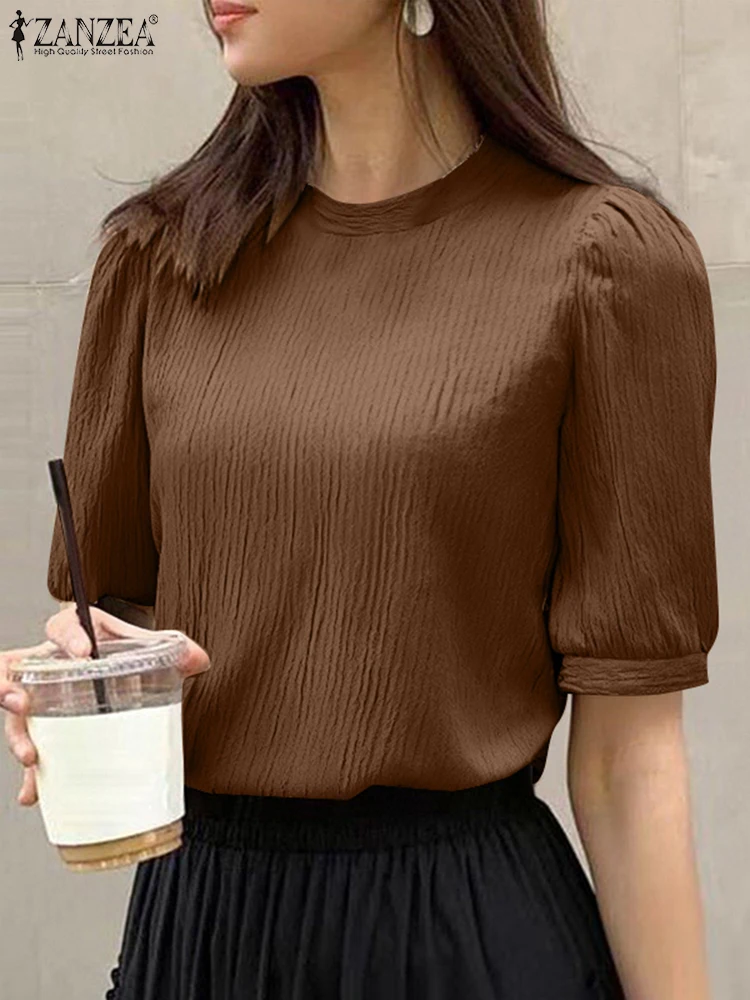 

ZANZEA Fashion Tops 2025 Summer Women Blouse Puff Sleeve Elegant Office Lady Shirts Casual Loose Solid Color Blusas Femininas