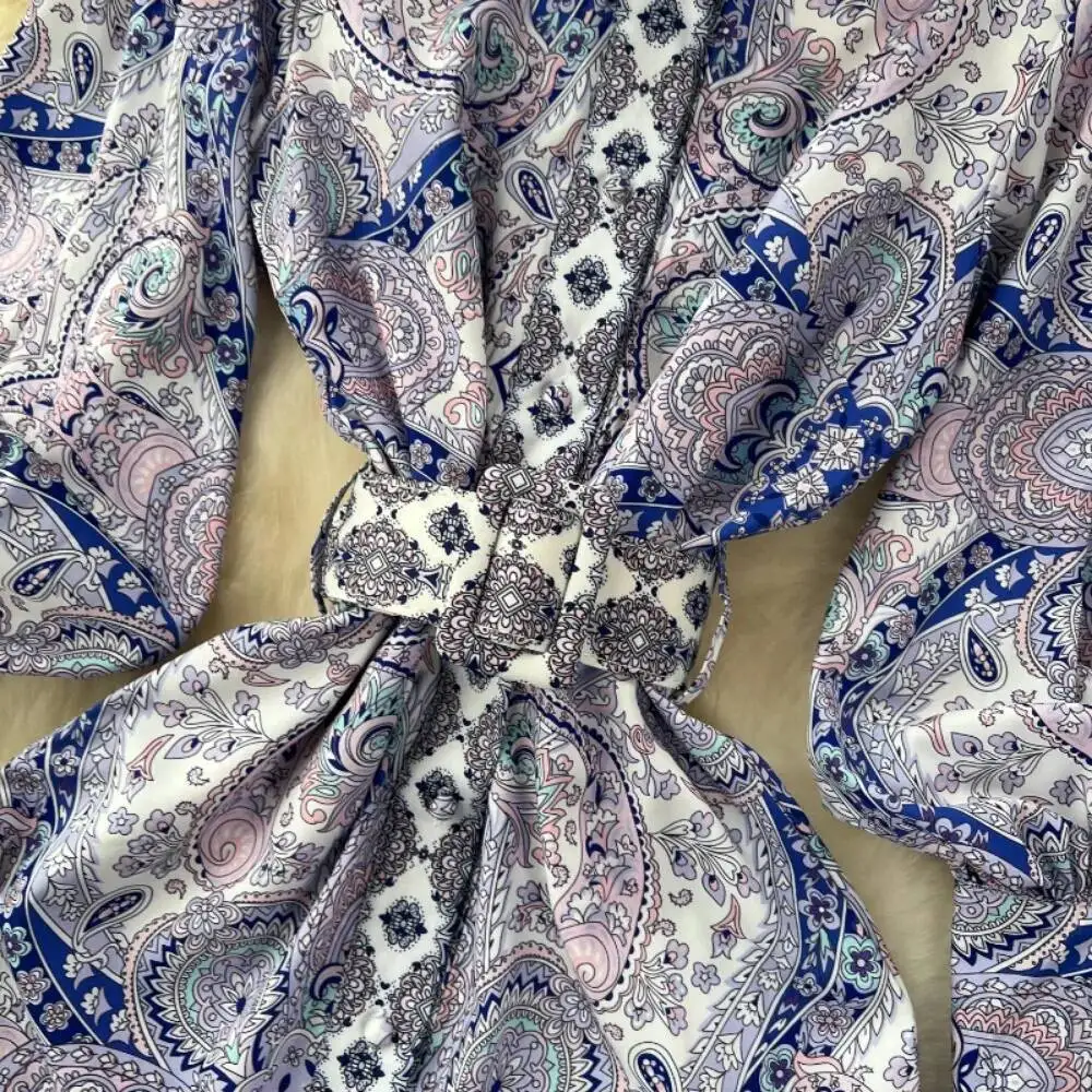 

BabYoung Court Vintage Turn-Down Collar Lantern Sleeve Dress French Style Print Slim Fit Shirt Robe Belt Elegant Casual Vestidos