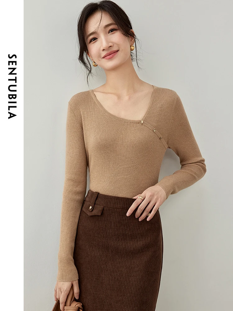 SENTUBILA Irregular Wool Knit Pullover for Women 2024 Autumn Slim Fit V Neck Metal Button Long Sleeve Basic Women Tees W43H56572