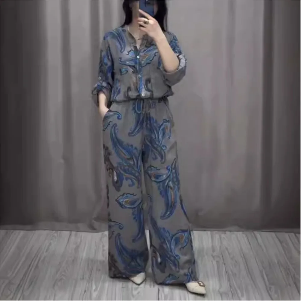 Women Vintage Print 2 piece sets 2024 Spring v-neck Long Sleeve Shirt Lace-up Wide Leg Pants Outfit New Summer Button 2pcs Suit