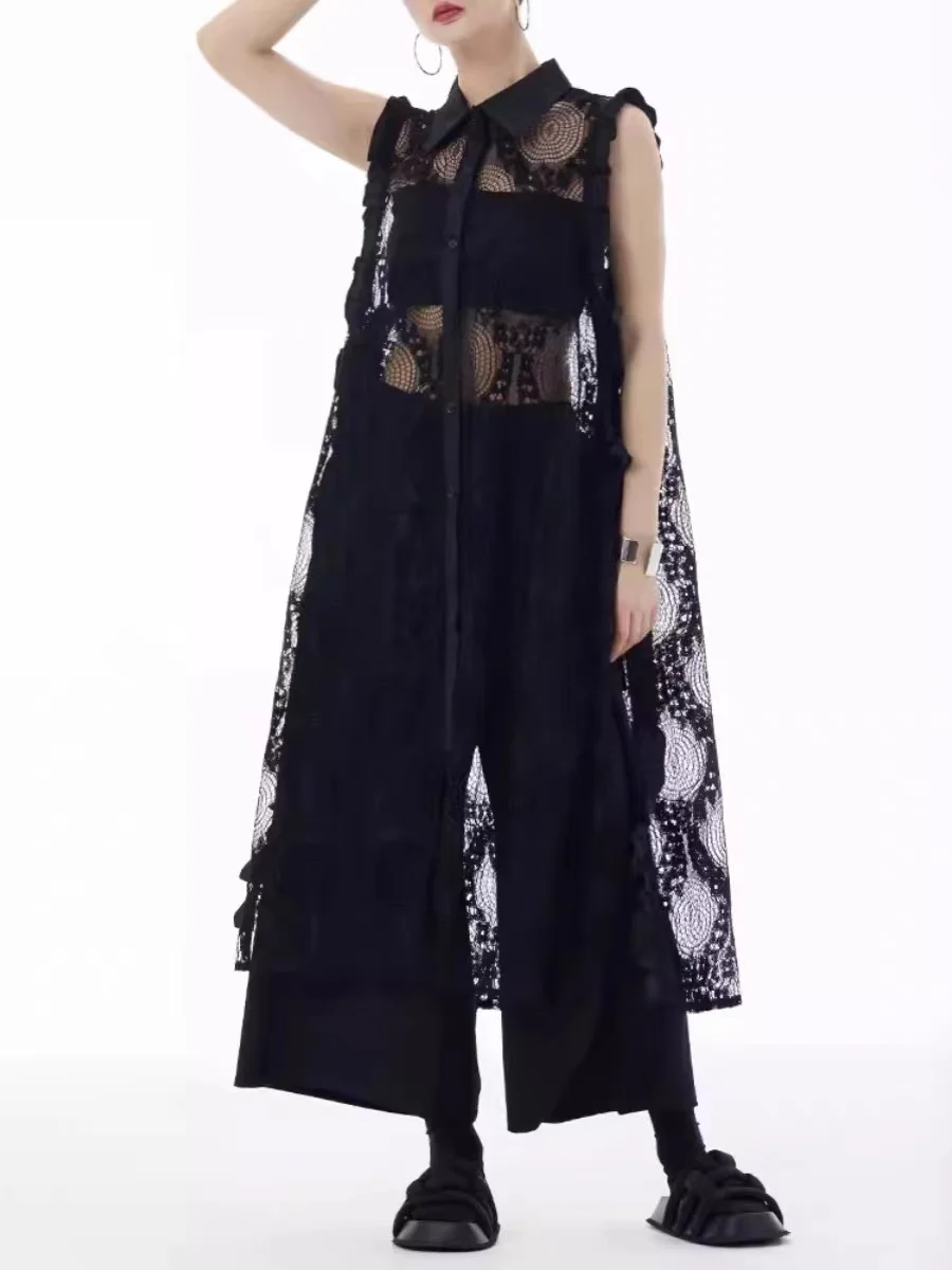 Elegant Lace Vest Women's Mid-Length Pure Color Spring Summer New Style  Collar Single Button Closure Fashionable Top