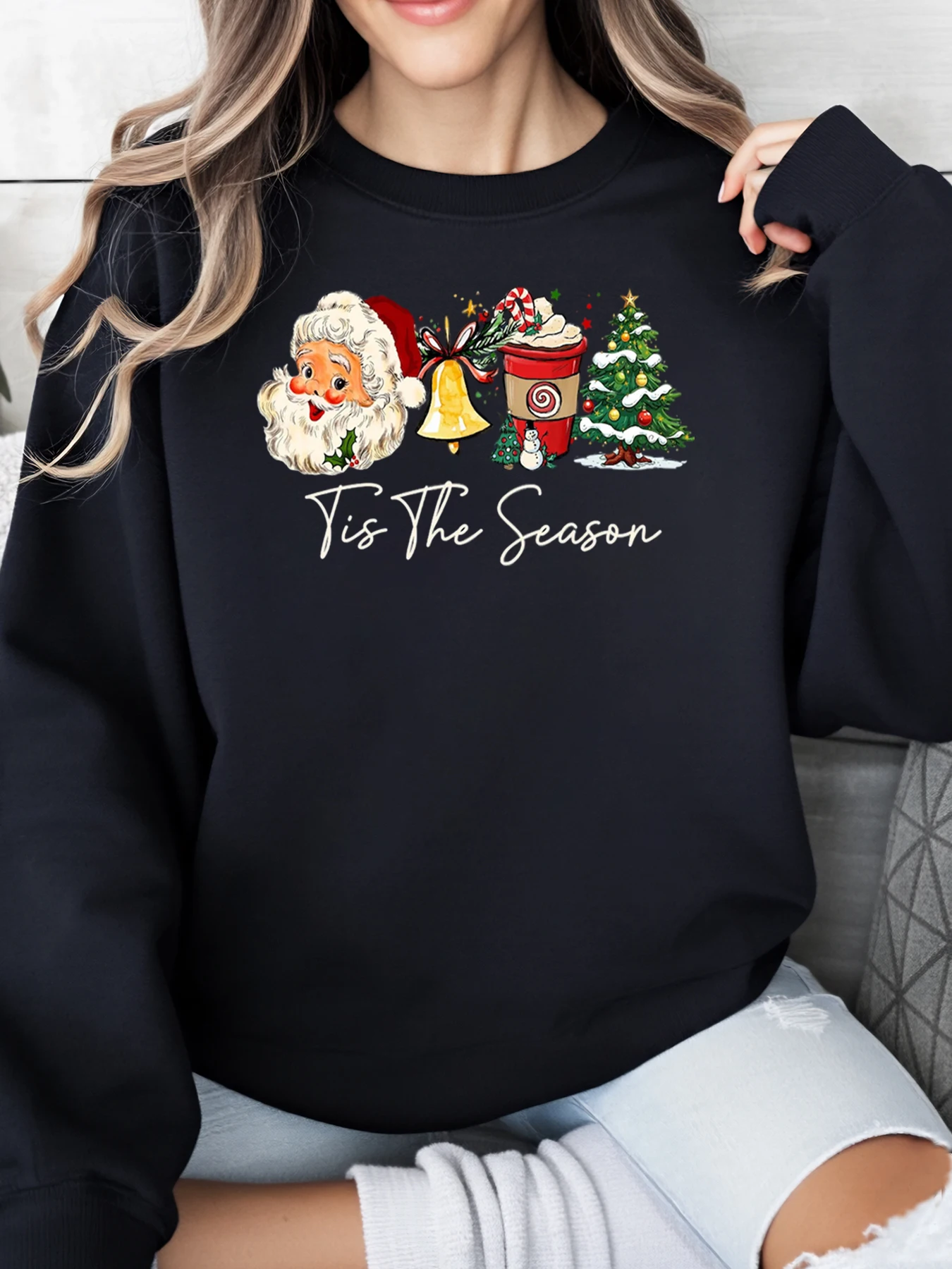 سانتا كلوز جرس القدح شجرة تيس الموسم عيد الميلاد البلوز المرأة عارضة عطلة ارتداء الأسود زائد الحجم #1