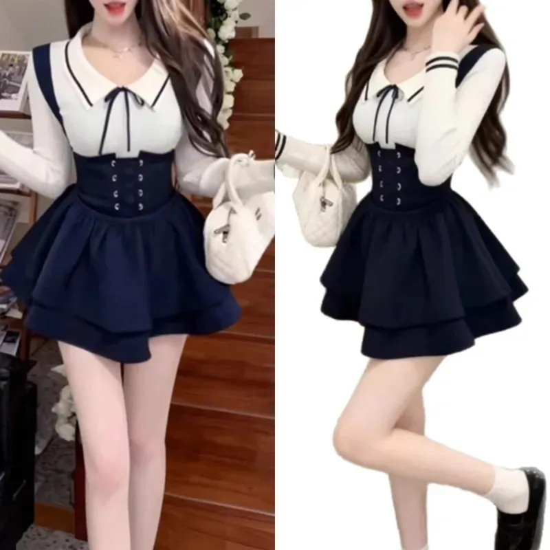 

Sweater Y2K Skirt Set Korean Style Knitted Top & Overall College Style Slim Fit Crop With Mini Suspender Skirt Outfit Women New