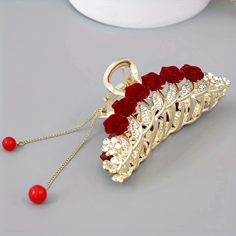 1pc zinc alloy rhinestone red rose hair ornament, retro high-end light luxury headwear, large elegant grab clip on the back of t