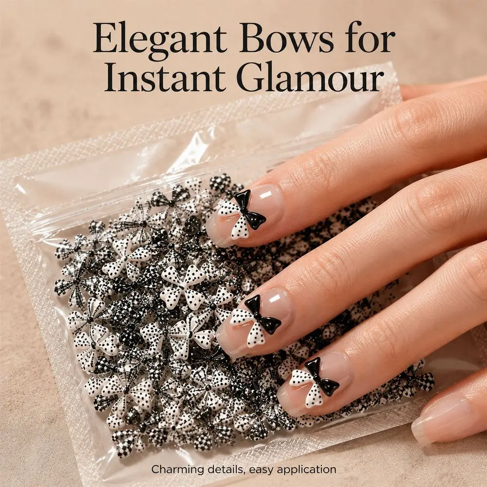 50Pcs Trendy 3D Bow Nail Decor Charms Black White Checker Polka Dot Resin Ornament For Home & Salon Nail Art DIY Projects