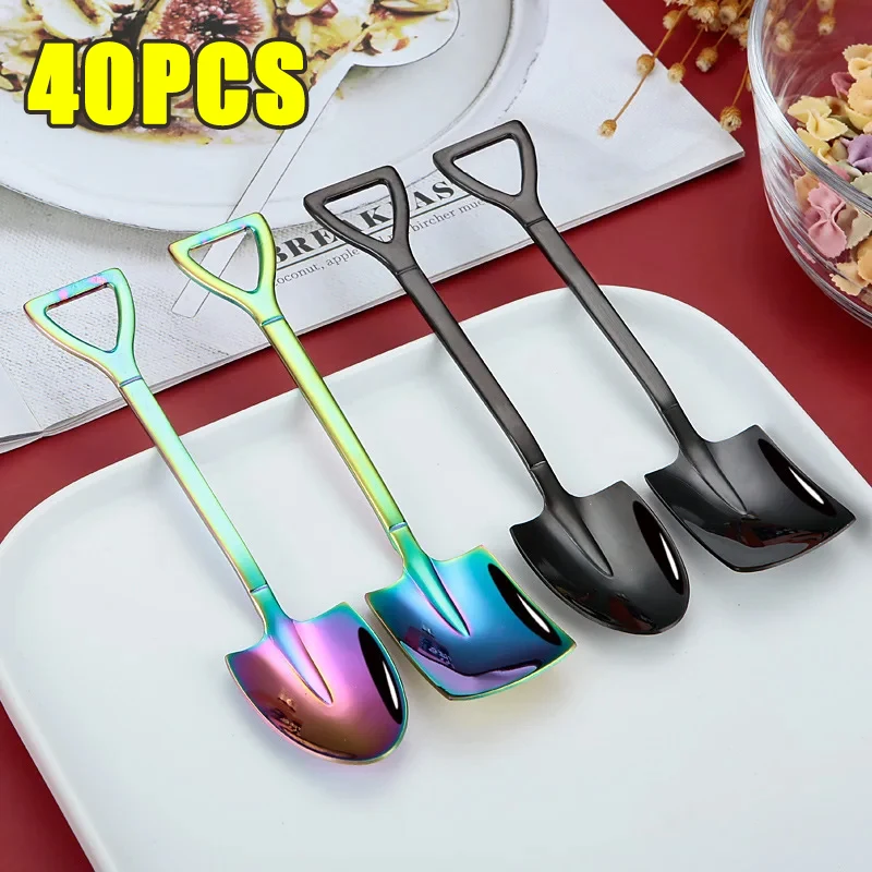 40PCS Creative Retro Shovel Coffee Spoon Stainless Steel Dessert Spoon Watermelon Spoon Ice Cream Cake Spoon