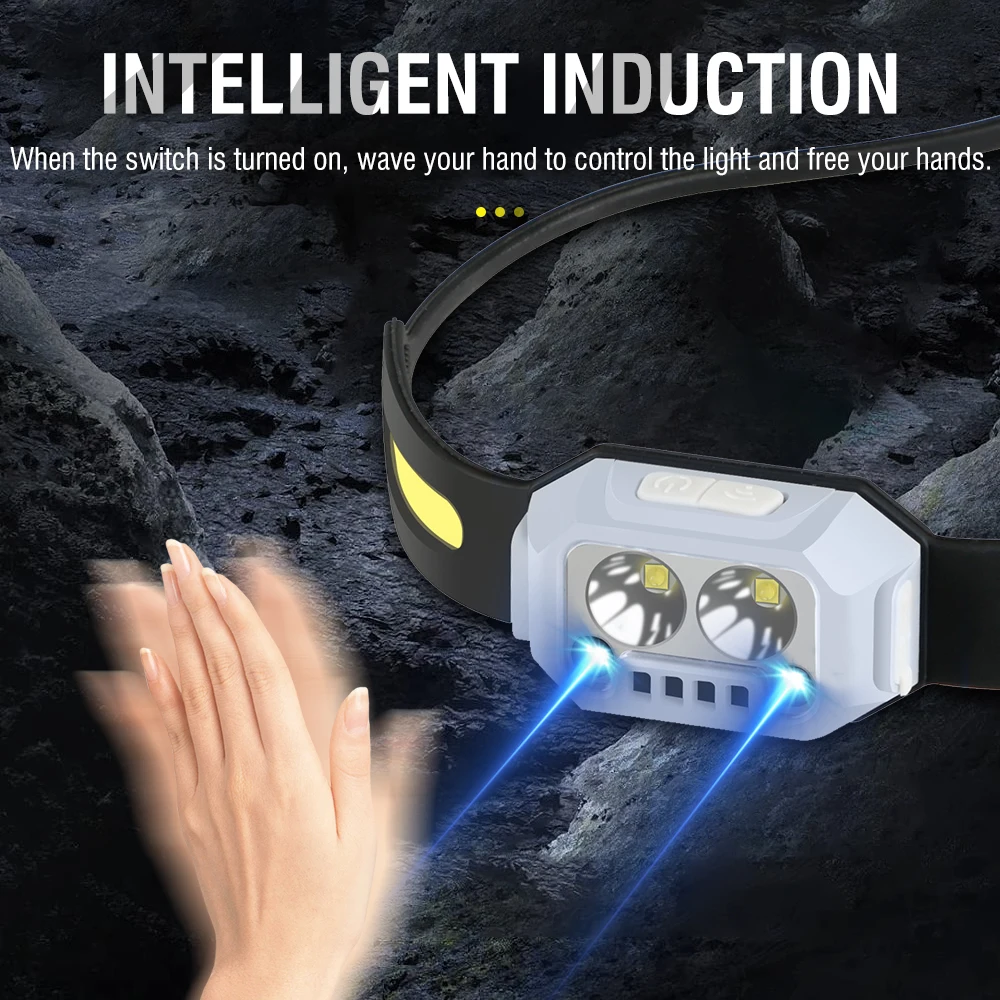BORUiT Induction LED Headlamp Type-c Rechargeable Motion Sensor Work Light Headlight Waterproof Running Fishing Head Torch