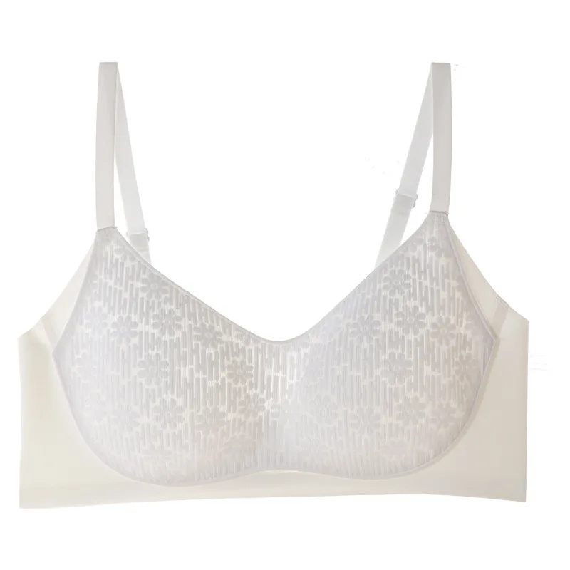 UBAU 2024 NEW Summer breathable lace large breasts show small underwear thin section up support sexy French white ultra-thin bra