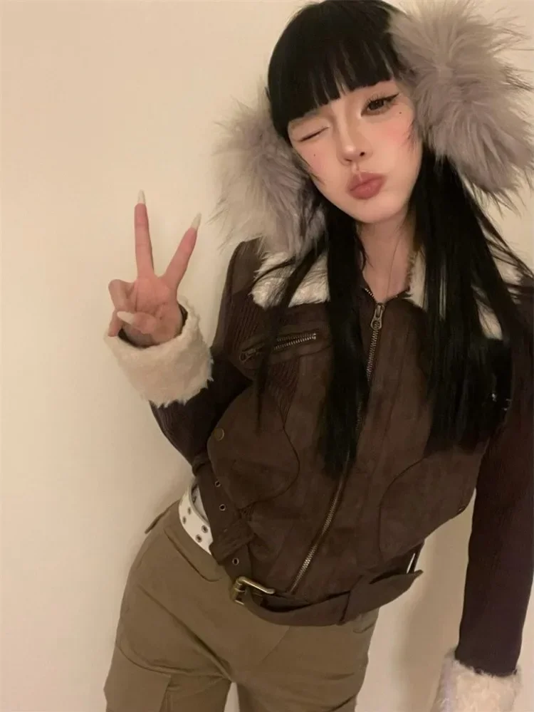 Japanese Y2k Fur Coat Women American Retro Brown Knitted Jacket Vintage Korean Style Zipper Winter 2000s Aesthetics