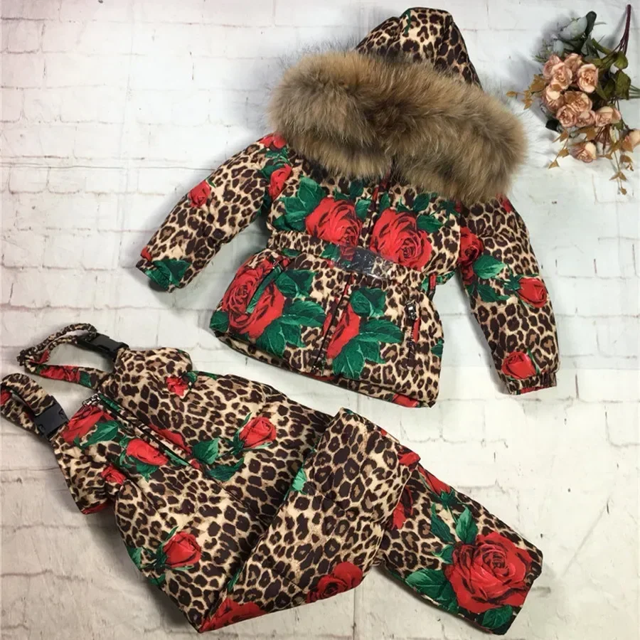 

2024 Winter Children Girls Clothes Set Leopard Goose Down Jacket Coat + Overalls for Girl Kids Baby Girl Snowsuit Very Thick