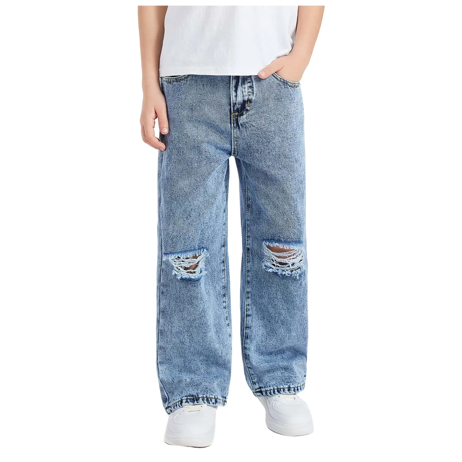 

Youth Large Track Pants Comfortable Denim Wide Leg Pants High Waisted Fashionable Versatile Ripped Jeans For Jumpsuit Baby Girl