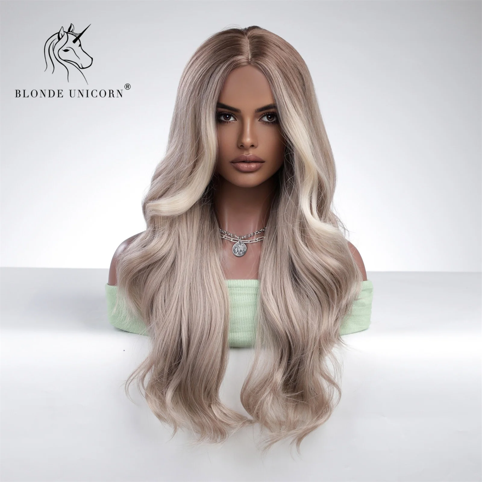 BLONDE UNICORN Ombre Brown Light Blonde Platinum Synthetic Wig Long Wavy Hair Wig Cosplay Daily Natural Heat Resistant for Women