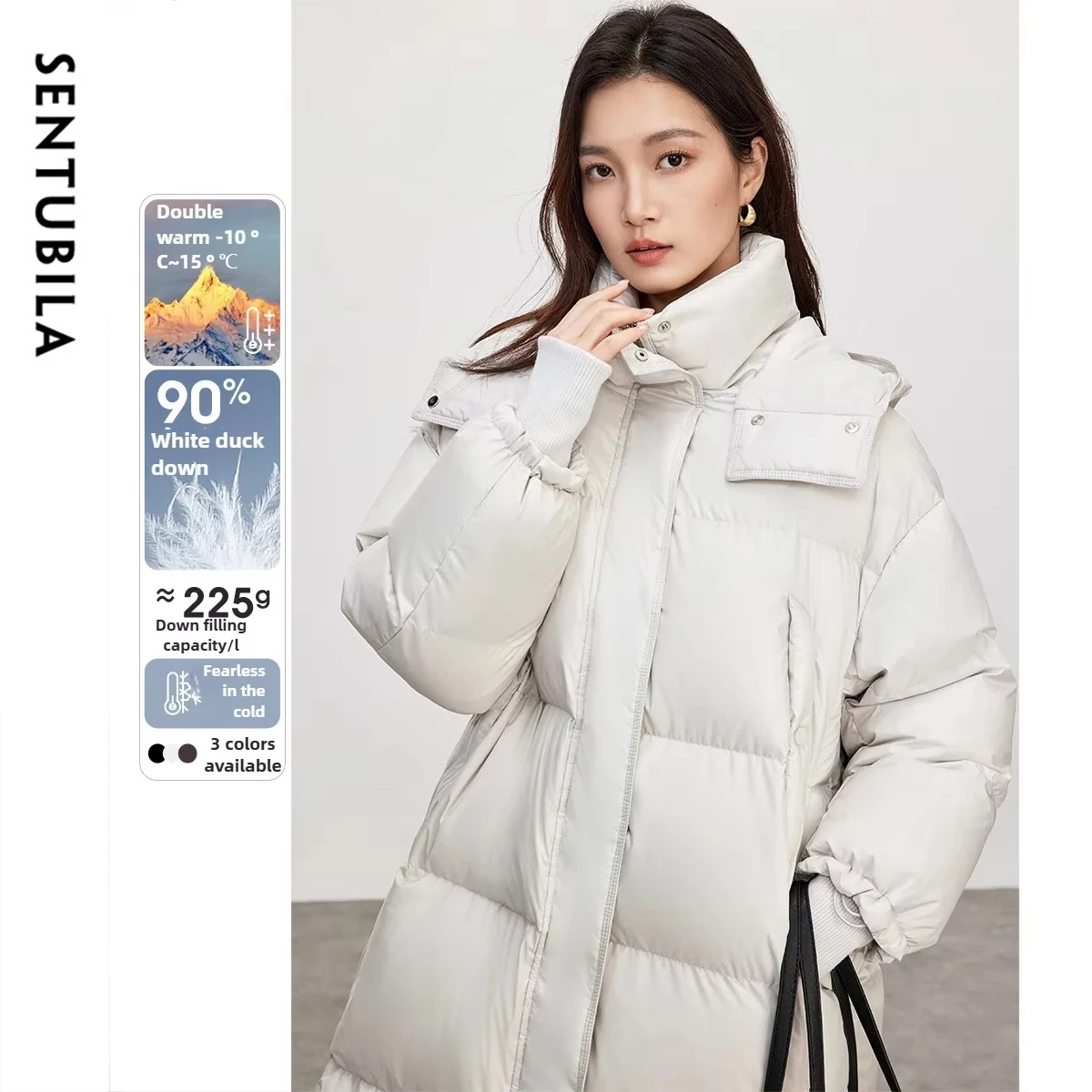 เสื้อแจ็คเก็ตขนเป็ด SENTUBILA รุ่นยาวสำหรับผู้หญิง ฤดูหนาว 2025 ทรงหลวม อุ่นสบาย ตัดต่อผ้ากันลม คอตั้ง รุ่น W44Y80022