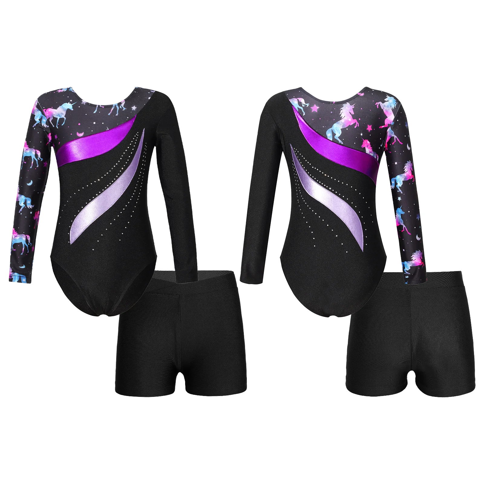 

Kids Girls Gymnastic Ballet Leotards Long Sleeve Shiny Rhinestones Printed Patchwork Bodysuit+Shorts Figure Skating Dancewear