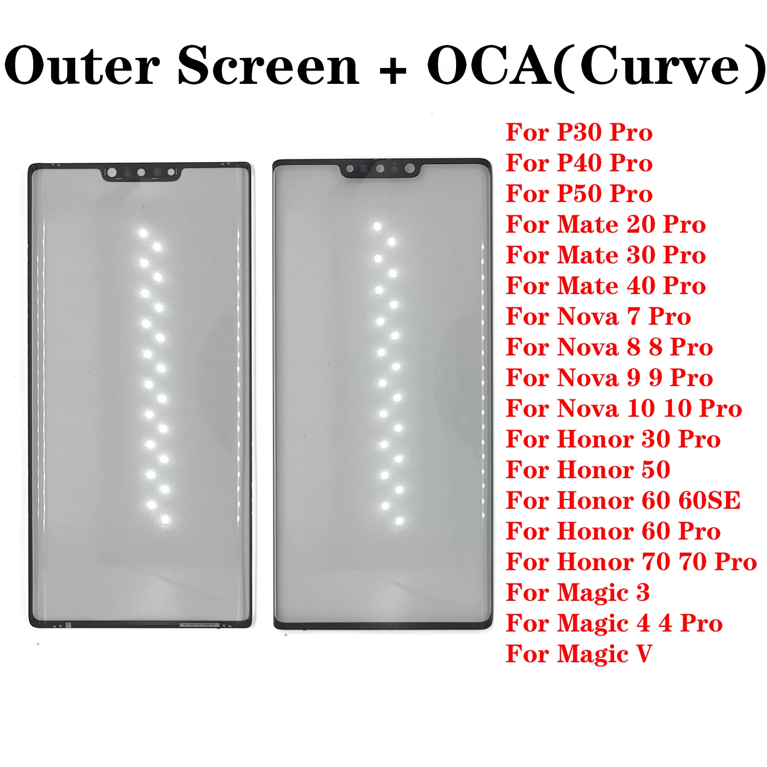 Para Huawei Mate 20 30 40 P30 P40 P50 Nova 7 8 9 10 Honor 50 60 70 Magic 3 4 Pro Plus Panel de cristal táctil de pantalla exterior frontal + OCA