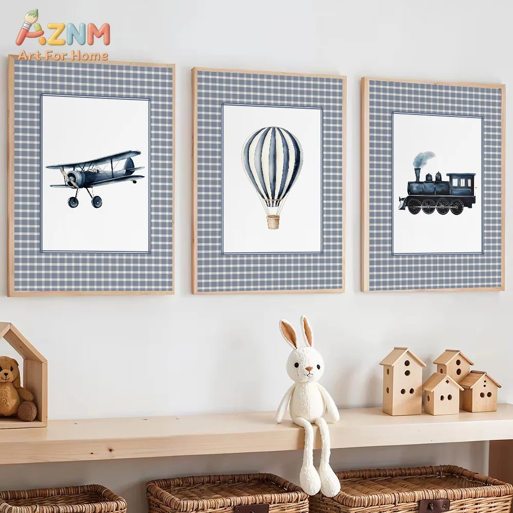 AZNM Watercolor Transport Canvas Wall Art Airplane Hot Air Balloon Train Kids Nursery Art Print Frameless Canvas Painting Home D