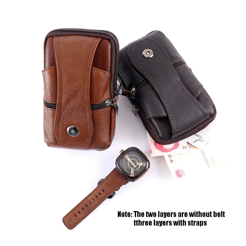 Men Leather Waist Bag Large Capacity Belt Bag Brown Shoulder Bags Crossbody Bags Multi-layer Buckle Mobile Phone Bag Bum Pouch