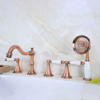 Deck Mounted 5 Hole Antique Red Copper Bathroom Roman Tub Faucet Mixer Tap Set With Hand Shower Ltf211