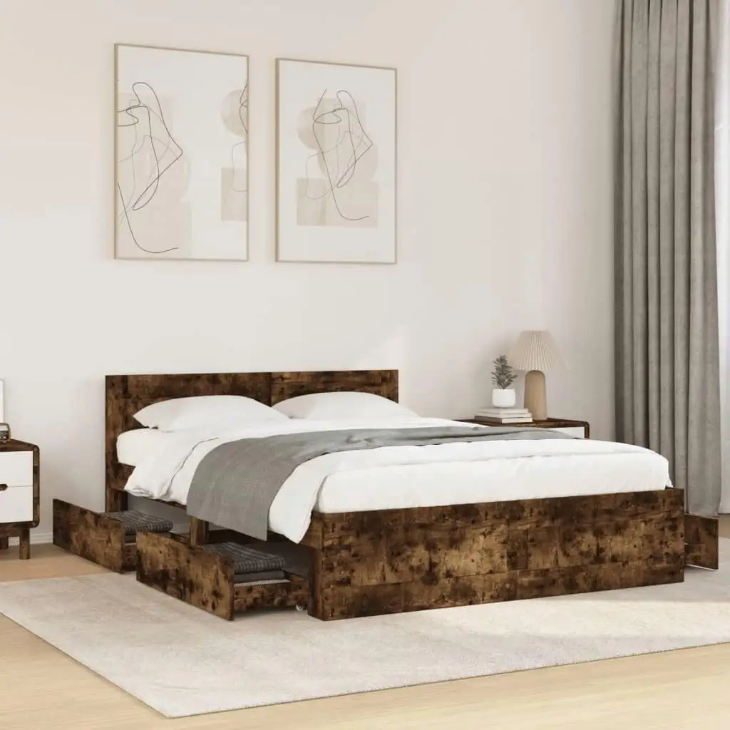 Smoked Oak Bed Frame with Headboard - 120x200cm, No Mattress Included