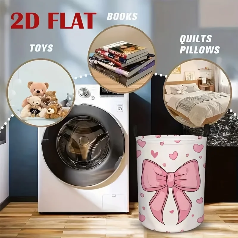 Washing Basket, with Pink Bow And Heart Pattern Decorative Multifunctional Folding Laundry Basket Laundry Baskets - view 6