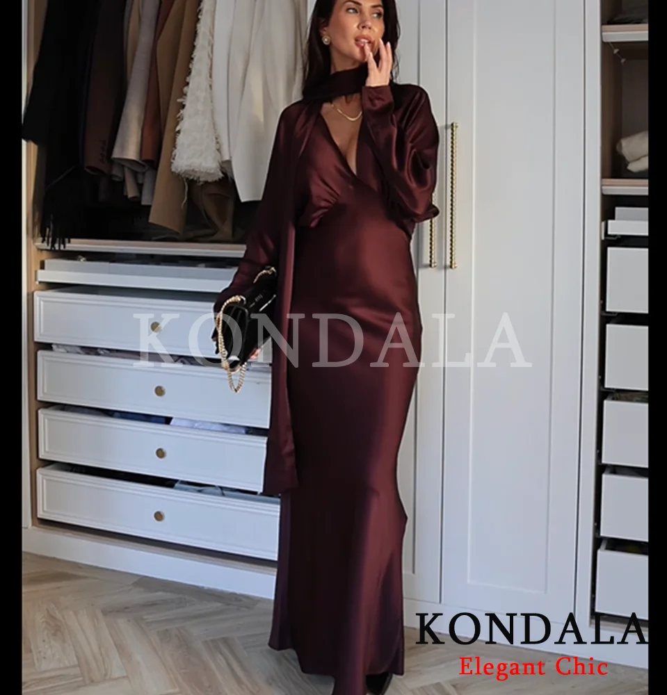 KONDALA Abito lungo da donna in raso con scollo a V per festa di Natale 2026 Abito da donna elegante per le vacanze di moda primavera inverno 2026