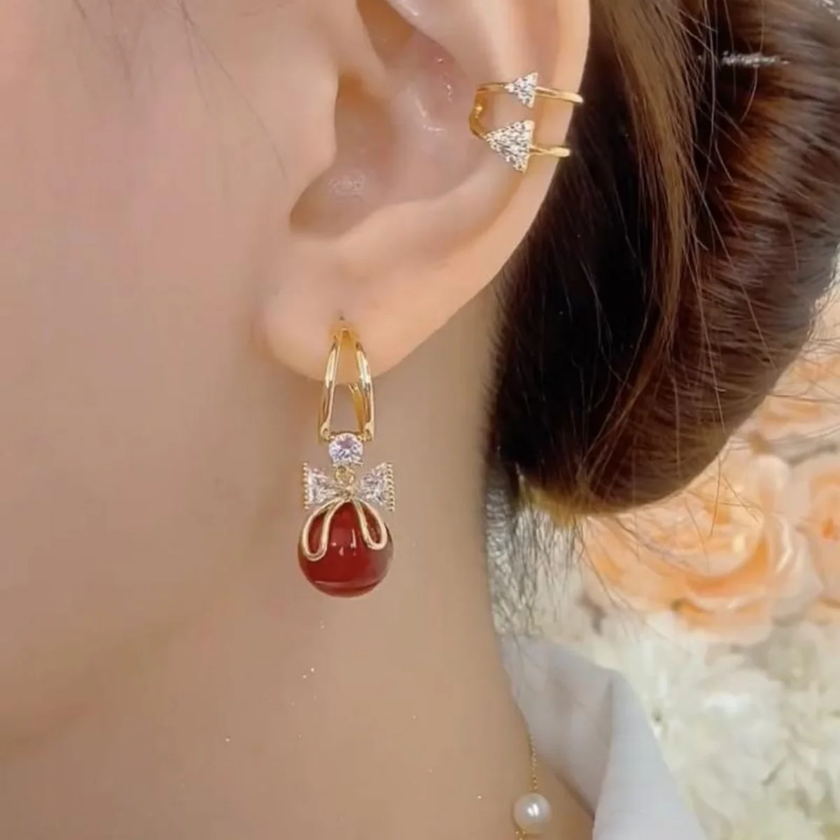 Korean Unique Design Zircon Bow Drop Earrings For Women Exquisite Imitation Pearl Flowers Earring Wedding Personality Jewelry image 6