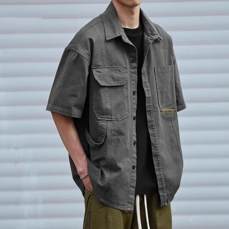 

Лето 2022, мужская рубашка-карго в американском стиле ретро с несколькими карманами, уличная одежда Y2K, футболки с короткими рукавами, однотонные Camisas Masculina