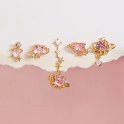New ins Vintage Pink Heart Zircon Earring Gold-plated Exquisite Universe Moon Stud Earrings Set For Women Girls Fashion Jewelry