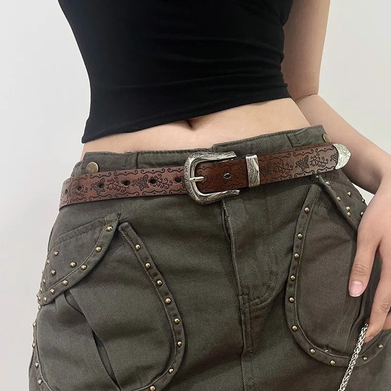 Cintura in pelle PU stampata per donna Accessori jeans retrò gotici Cintura Tendenza moda Y2k Cintura con fibbia ad ardiglione in metallo per ragazze