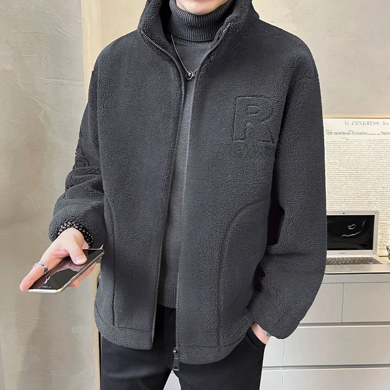 

Men's Oversized Lamb Fur Jaet Autumn Winter 2024 New Sle Particle Fce Loose Fit Faion Urban Long Sve Stand Collar