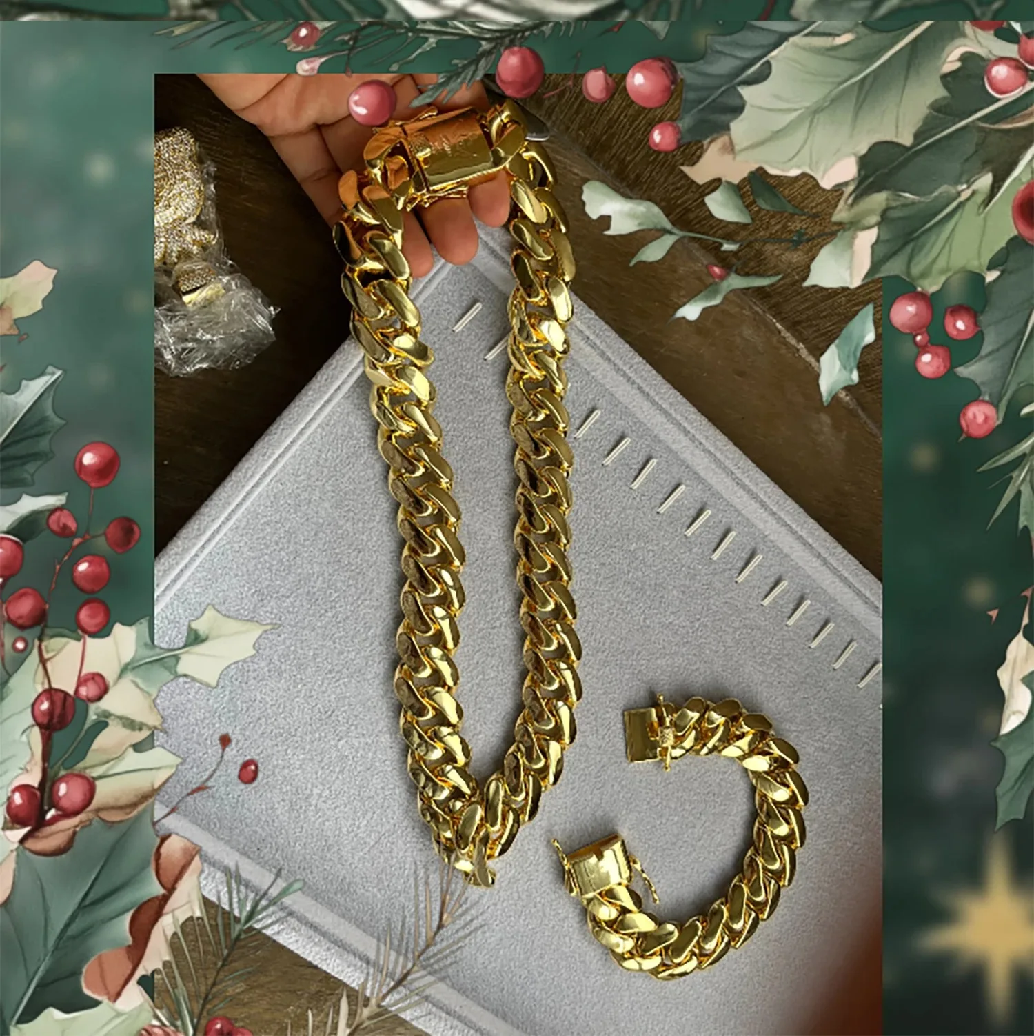 

2025 Luxury Cuban Link Chain Necklace for Men - 18K Gold Plated Heavy Miami Hip Hop Jewelry Custom Length