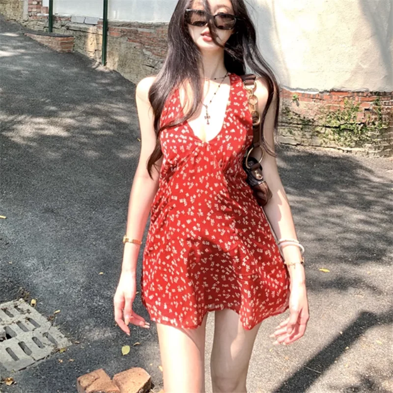 

Summer Red Floral Print Halter Deep V Neck Backless Short A Line Dress Vacation Sleeveless Holiday Seaside Slim Super Mini Dress