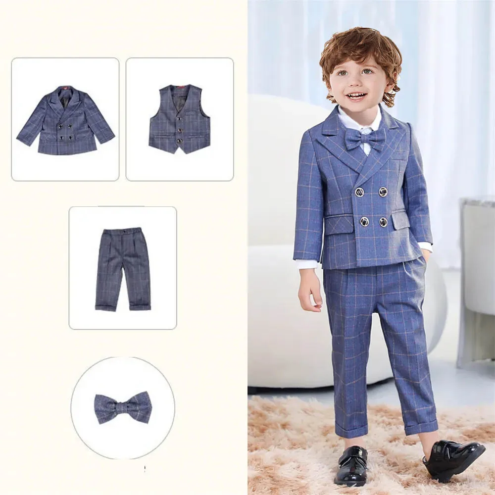 

Gentleman Kids Party Photography Suit Boys Jacket Vest Pants Flower Bowtie 4PCS Ceremony Costume Children Wedding Tuxedo Dress