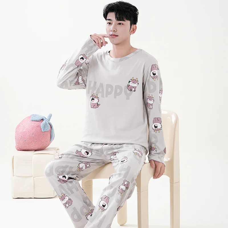 Panda Cartoon Cute Pajamas Set for Men Cotton Autumn Long Sleeves O Neck Nightwear Autumn and Spring Loungewear Hombre Dropship