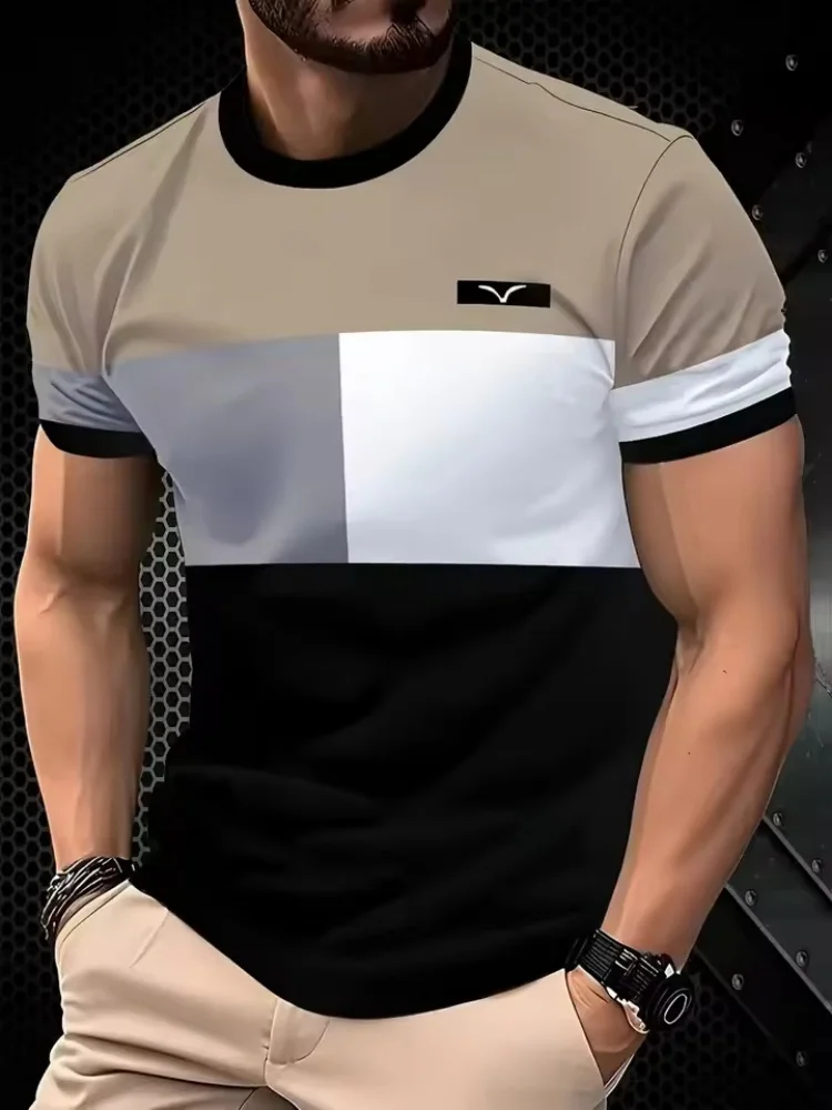 Men Summer Short Sleeve Crew Neck Tshirt Color Block Patchwork Chest Small Label Print Daily Wear Casual Tees Oversized