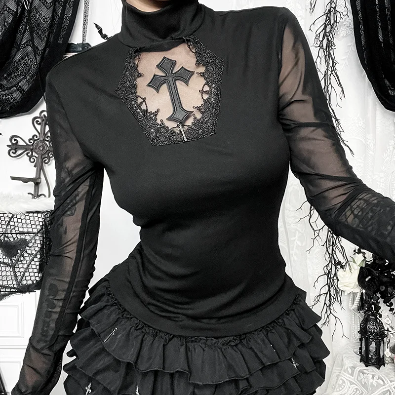 Lilac XN Goth Black Lace Mesh Long Sleeve T-Shirts Y2K Sexy Cross High Collar Women Corset Tops Tees Fashion Summer Streetwear