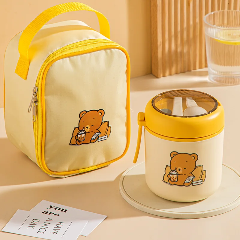 Stainless Steel Insulated Breakfast Mug Set, Portable Soup Mug with Spoon for Workers, Kids Bear Bento Box, Insulated Bag